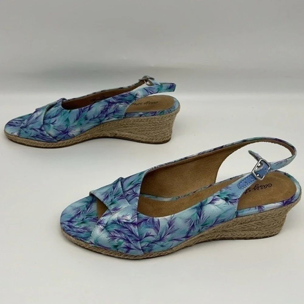 Easy Street‎ Devlin Espadrille Wedge Sandals Blue Purple Tropical Slingback 9.5